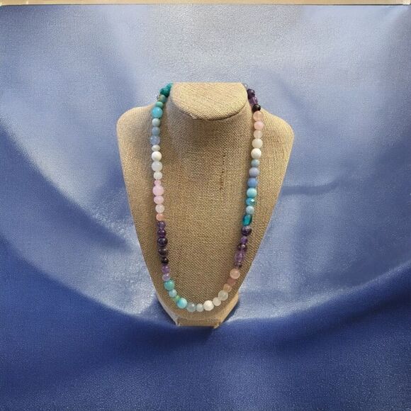 Violet Ocean Sea Genuine Gemstone Handmade Necklace Aquamarine Amethyst Quartz - Picture 2 of 5